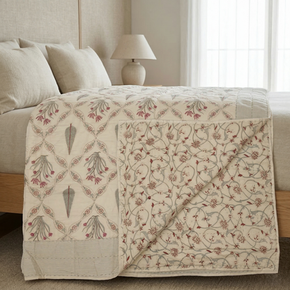 Elegant Sage Floral Lattice Cotton Quilt
