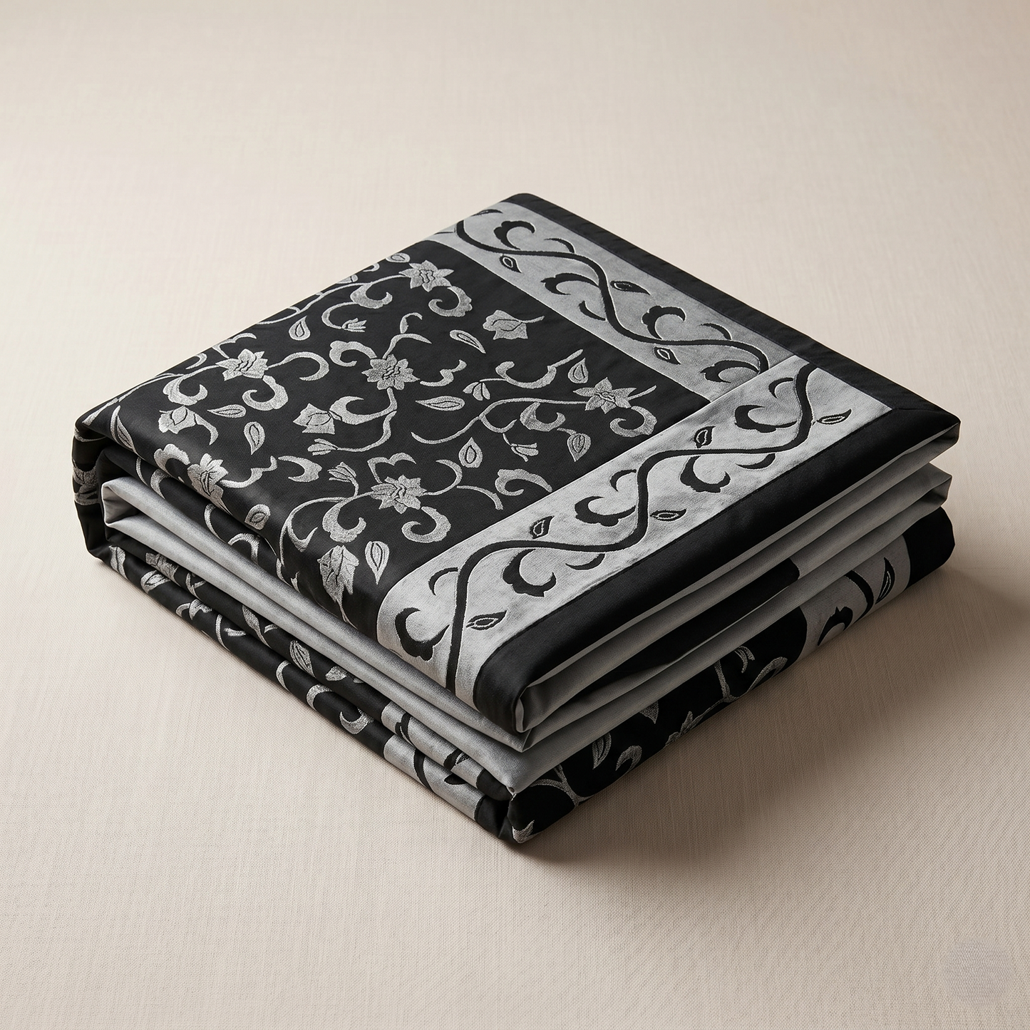 Luxurious Charcoal Floral Embroidered Silk Bedcover