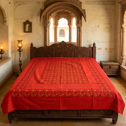 Royal Deep Orange Silk Heritage Floral Bedcover