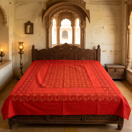 Royal Deep Orange Silk Heritage Floral Bedcover