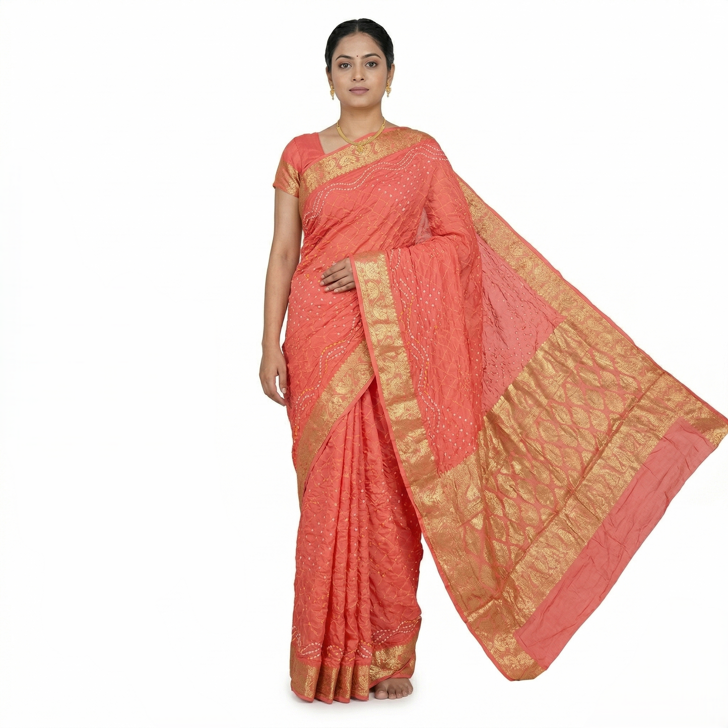Orange Bandhani Silk Saree With Zari