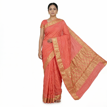 Orange Bandhani Silk Saree With Zari