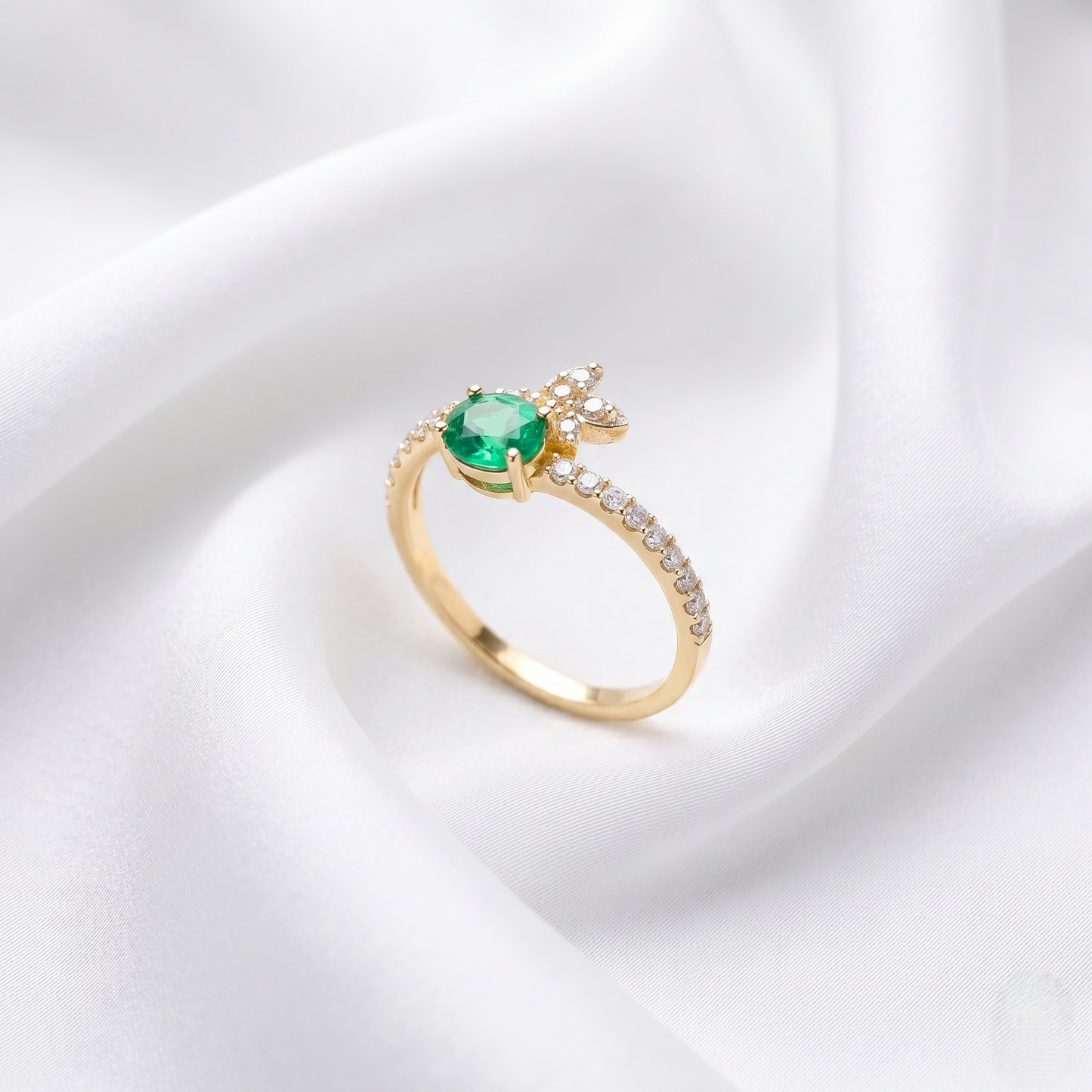 Gold Butterfly Emerald Diamond Accent Ring
