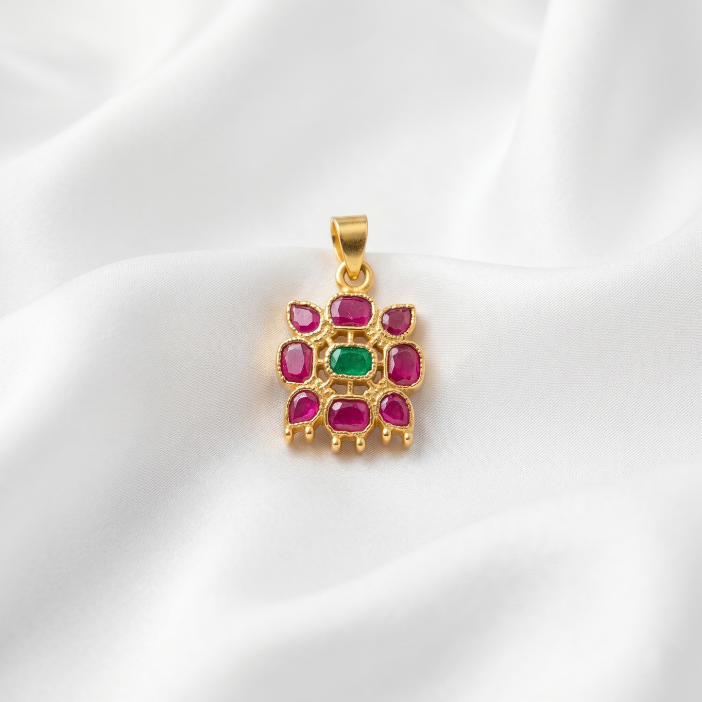 Handcrafted Ruby Emerald Silver Square Pendant