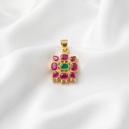 Handcrafted Ruby Emerald Silver Square Pendant