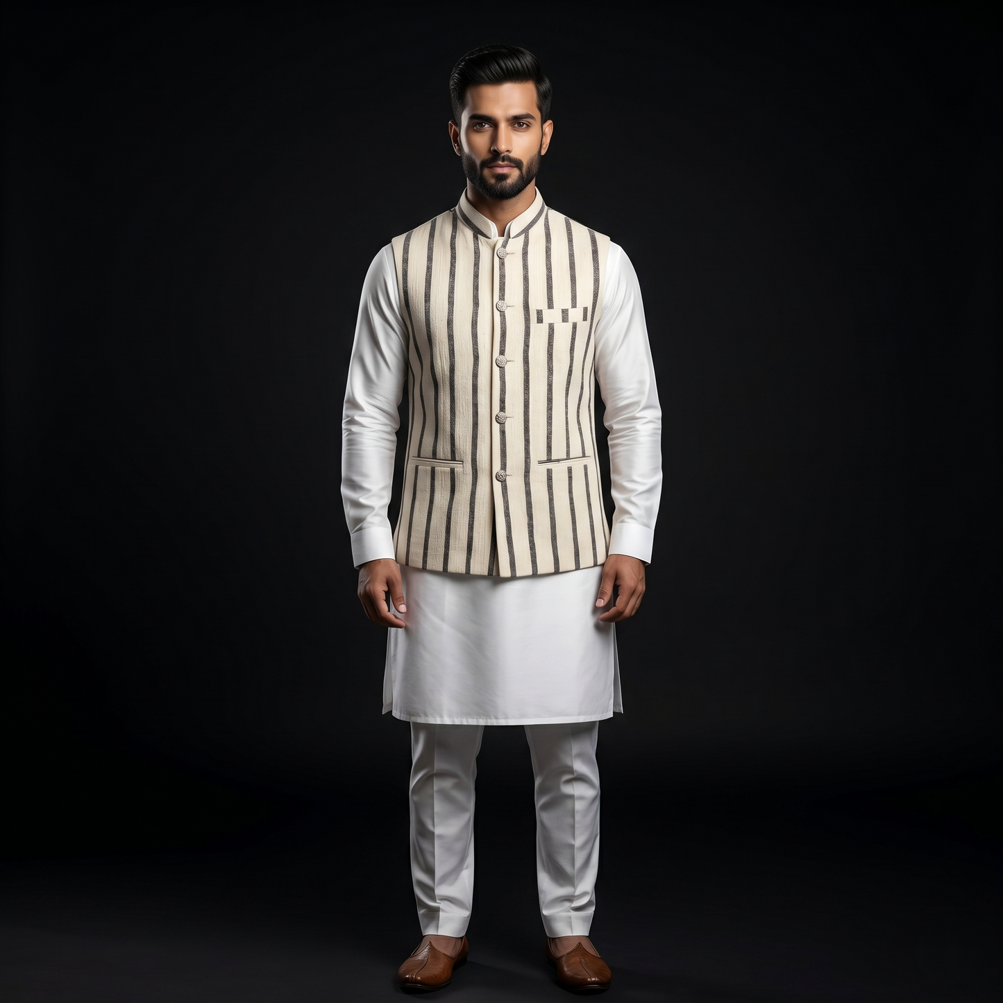 Handloomed Ivory and Charcoal Striped Waistcoat