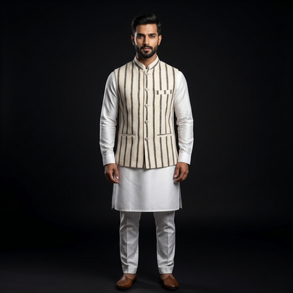 Handloomed Ivory and Charcoal Striped Waistcoat