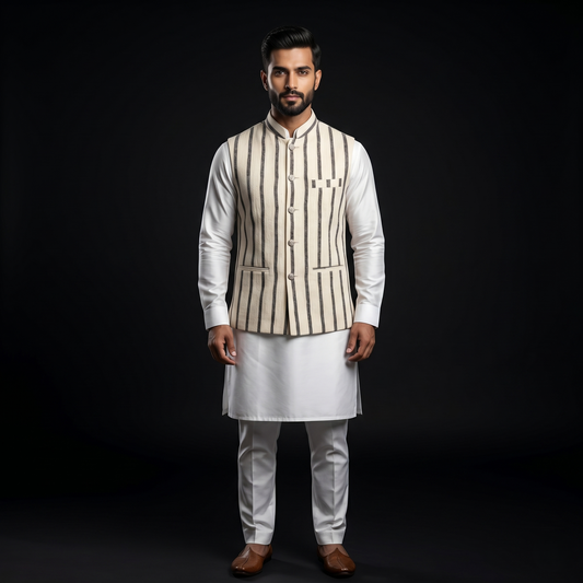 Handloomed Ivory and Charcoal Striped Waistcoat