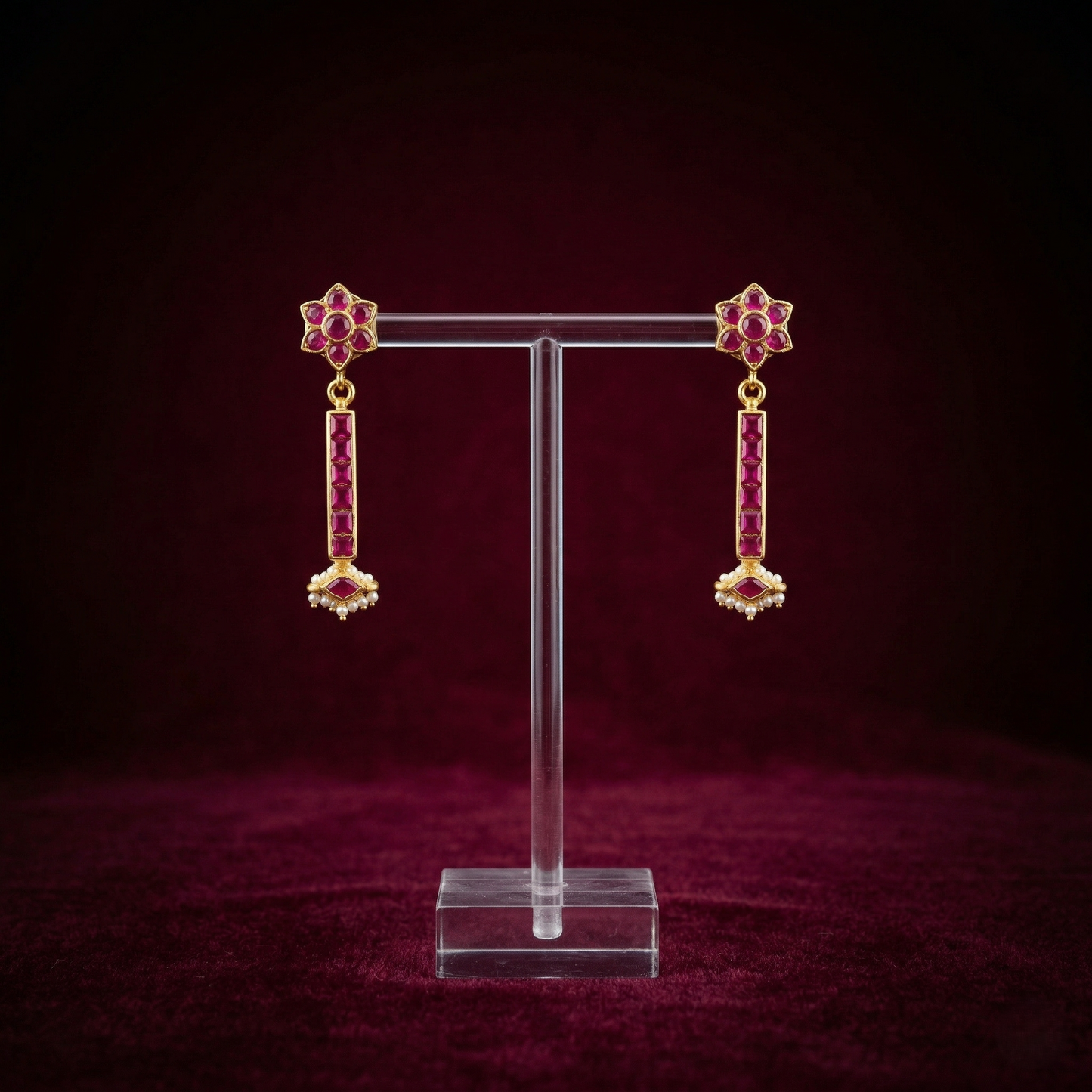 Ruby Studded Floral Gold Plated Silver Drops