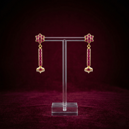 Ruby Studded Floral Gold Plated Silver Drops
