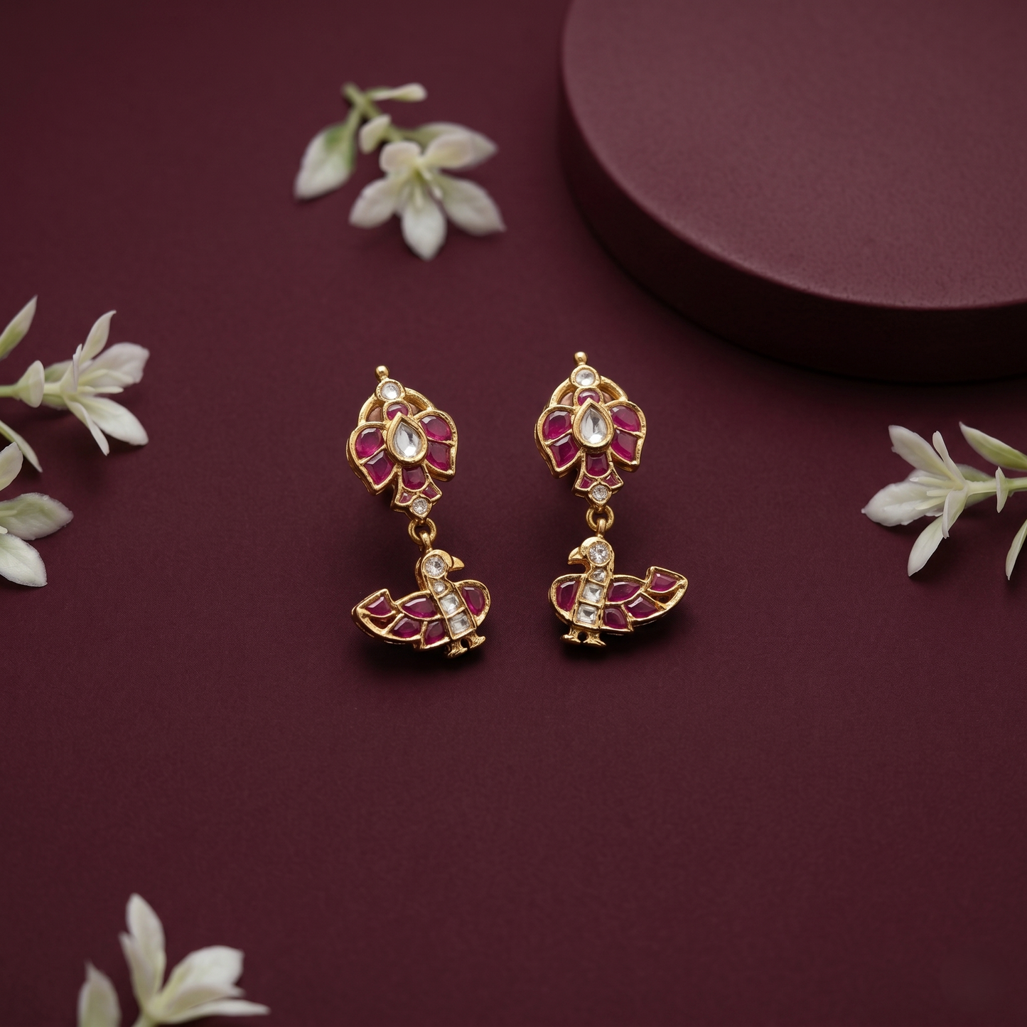 Gold Plated Ruby Bird Silver Earrings