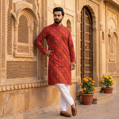 Vibrant Red Bandhani Print Men's Kurta
