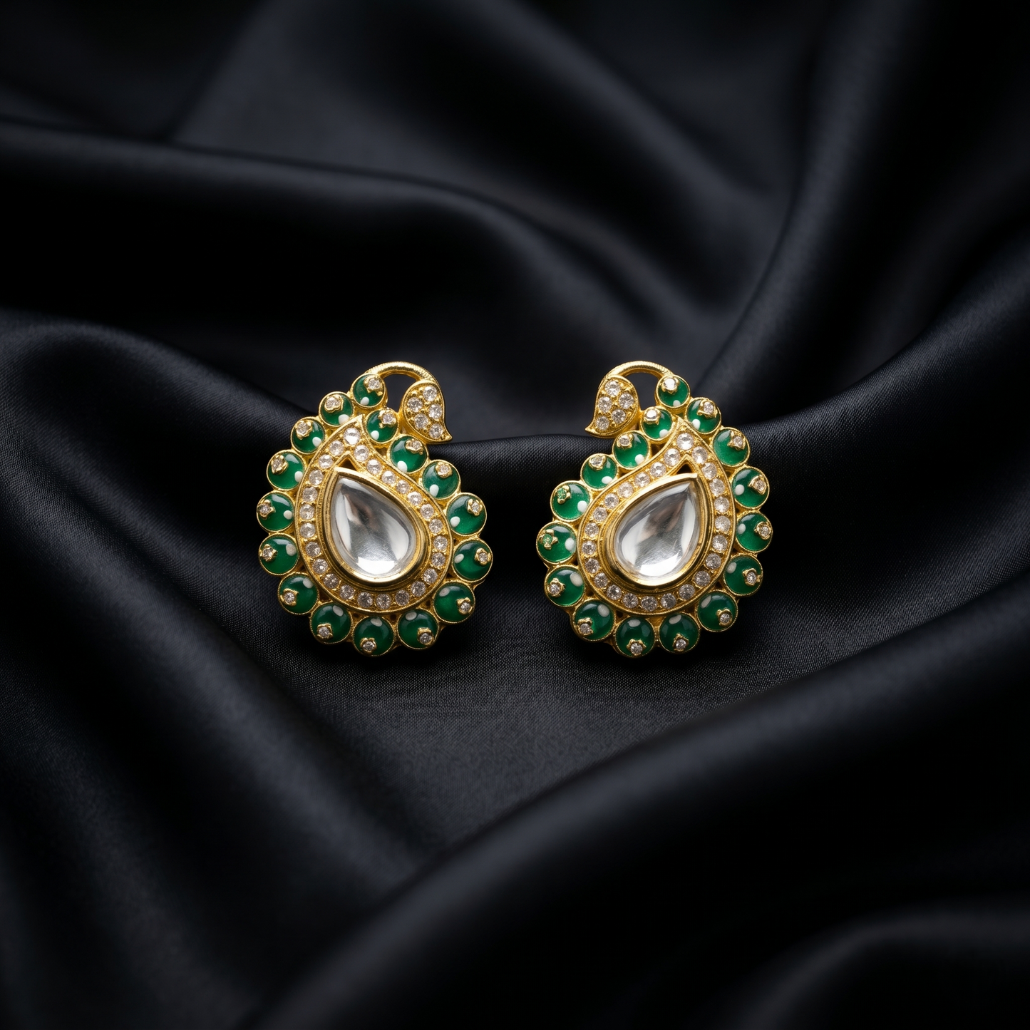 Emerald Paisley Gold Plated Silver Earrings