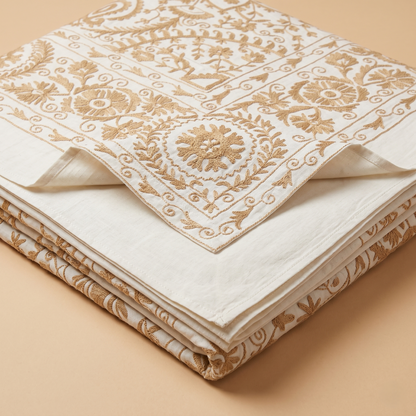 Luxury Ivory Gold Floral Handcrafted Bedcover