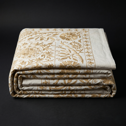 Ivory Floral Hand Embroidered Luxury Bedcover