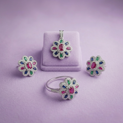 Exquisite Floral 92.5 Silver Multi-Gemstone Set