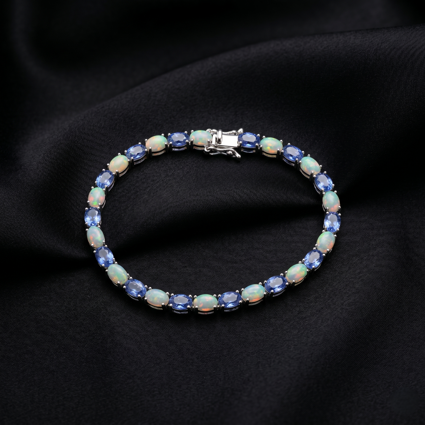 Elegant Silver Opal and Sapphire Bracelet