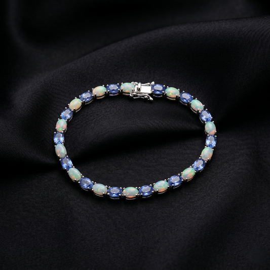 Elegant Silver Opal and Sapphire Bracelet