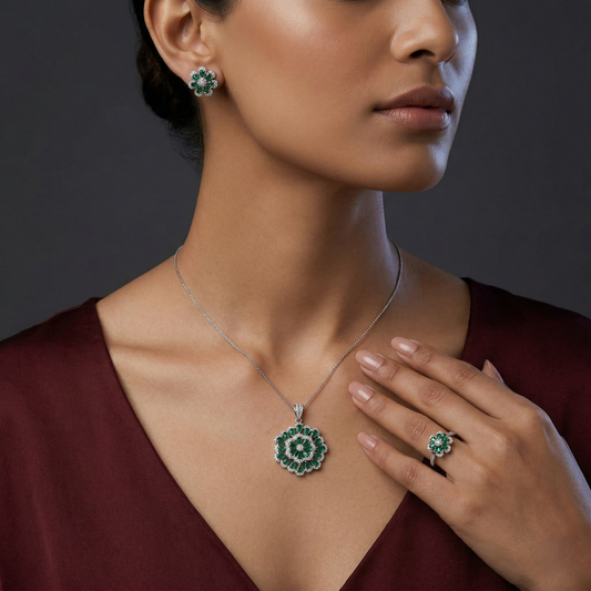 Royal Emerald Floral Silver Jewelry Set