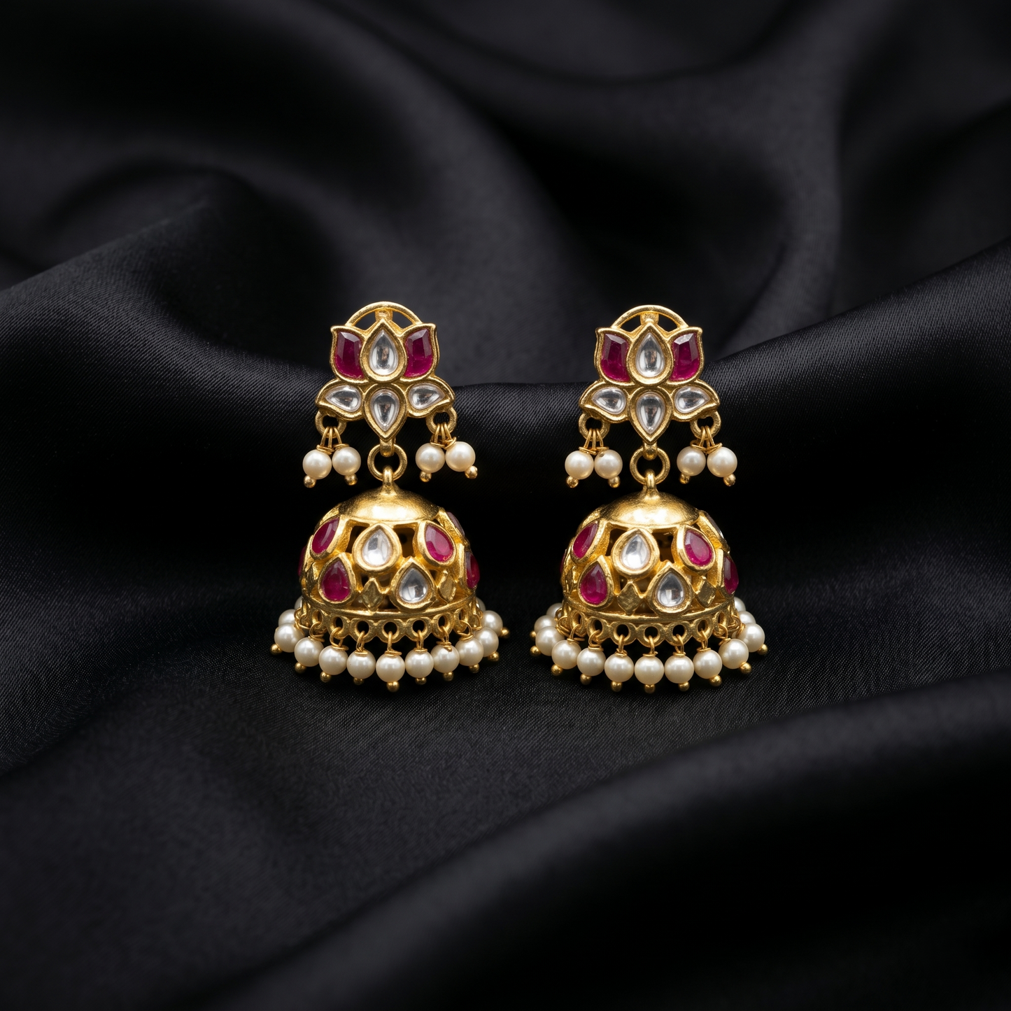 Kundan Lotus Motif Gold Plated Jhumkas