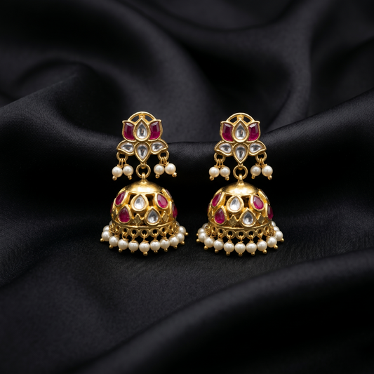 Kundan Lotus Motif Gold Plated Jhumkas