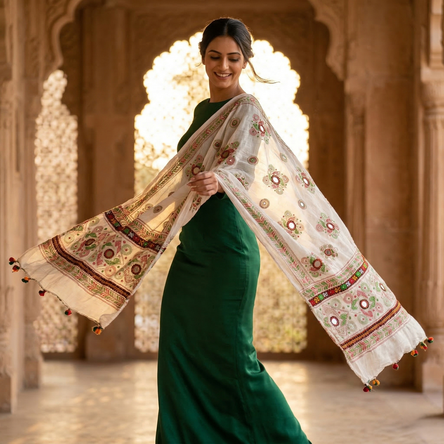 Ivory Phulkari Dupatta with Mirror Accents
