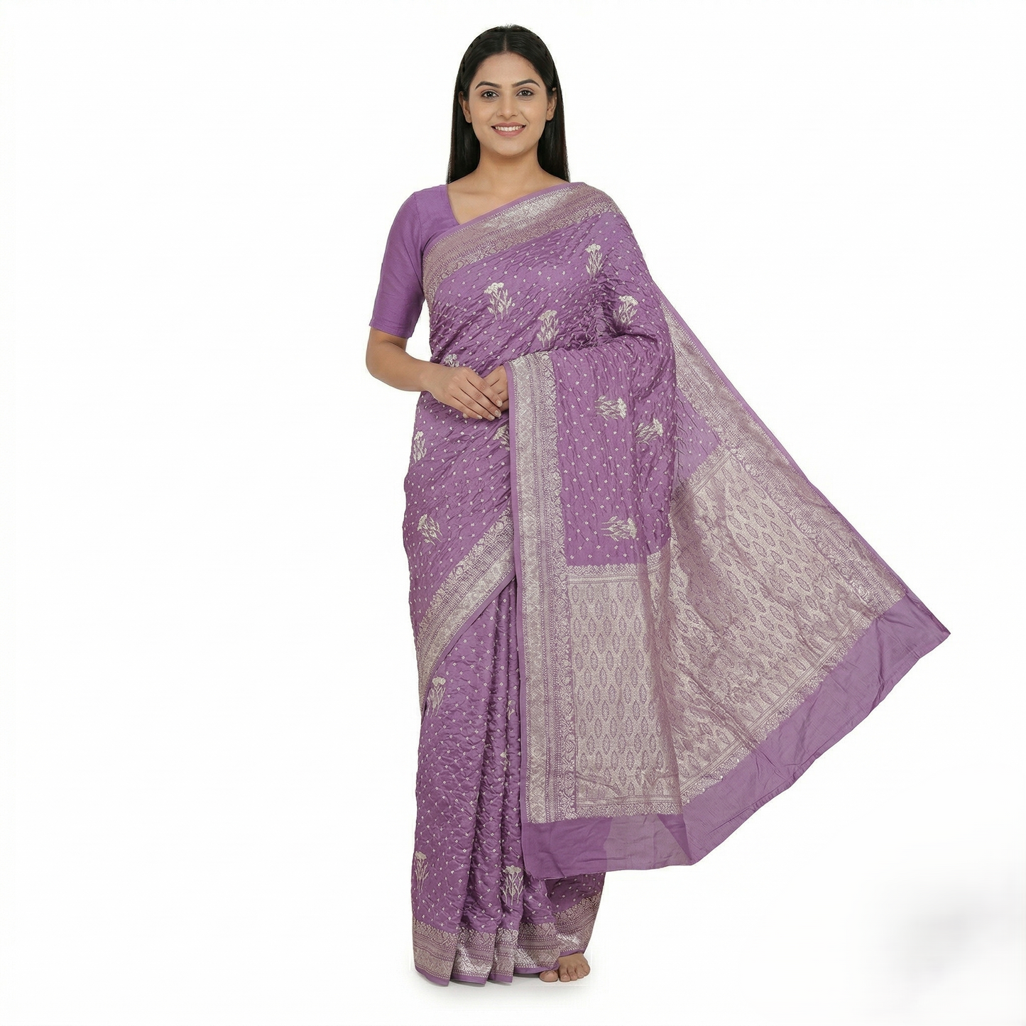 Lavender Bandhani Silk Banarasi Weave Saree