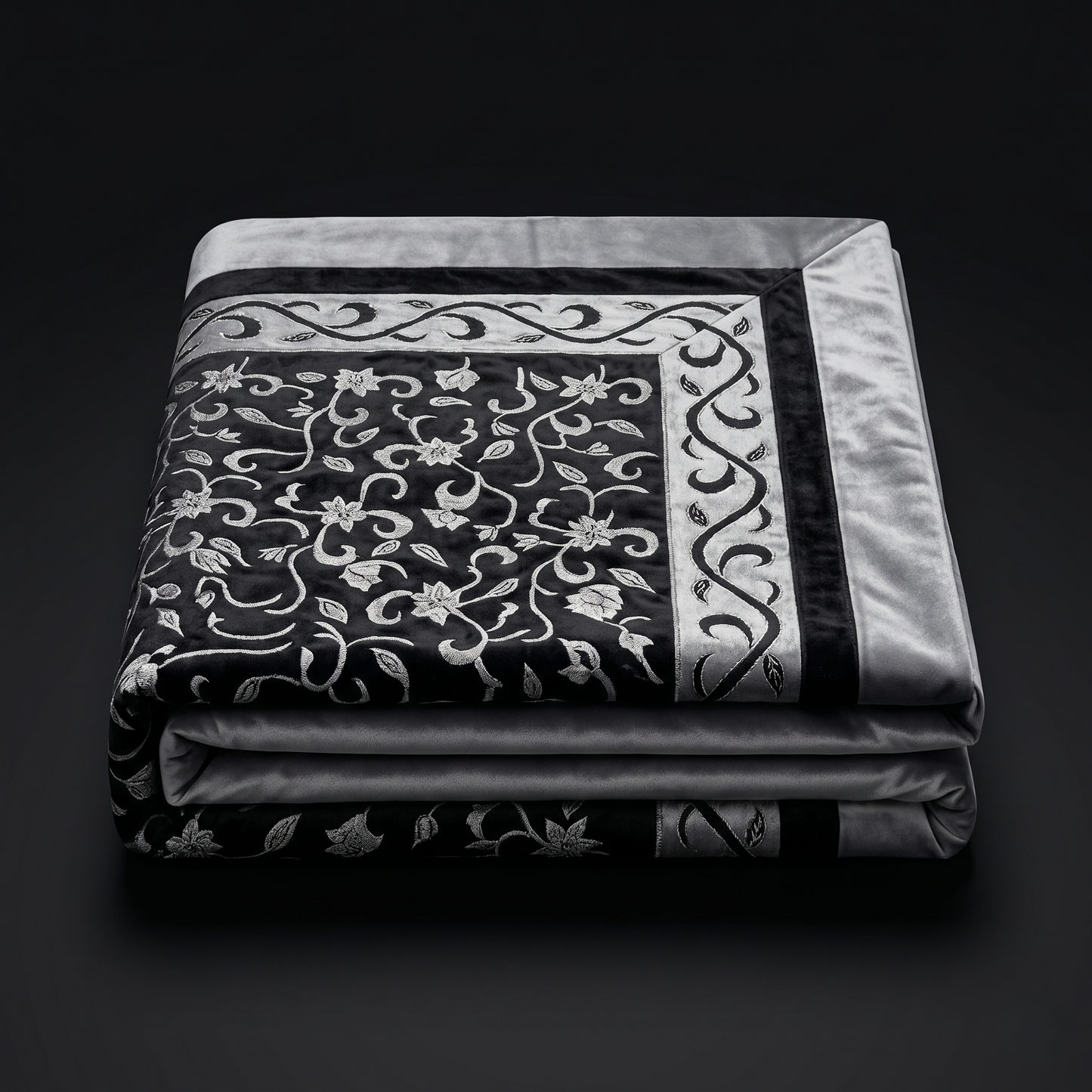 Luxurious Charcoal Floral Embroidered Silk Bedcover