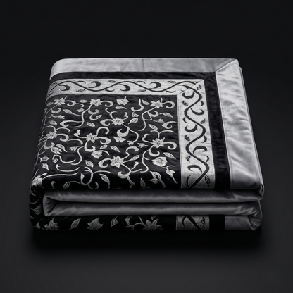 Luxurious Charcoal Floral Embroidered Silk Bedcover