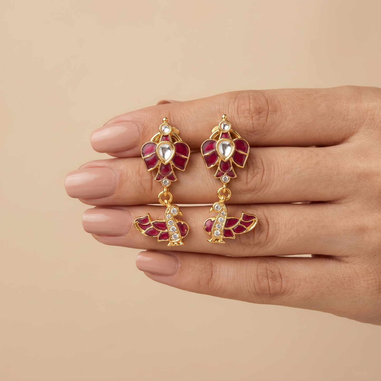 Gold Plated Ruby Bird Silver Earrings
