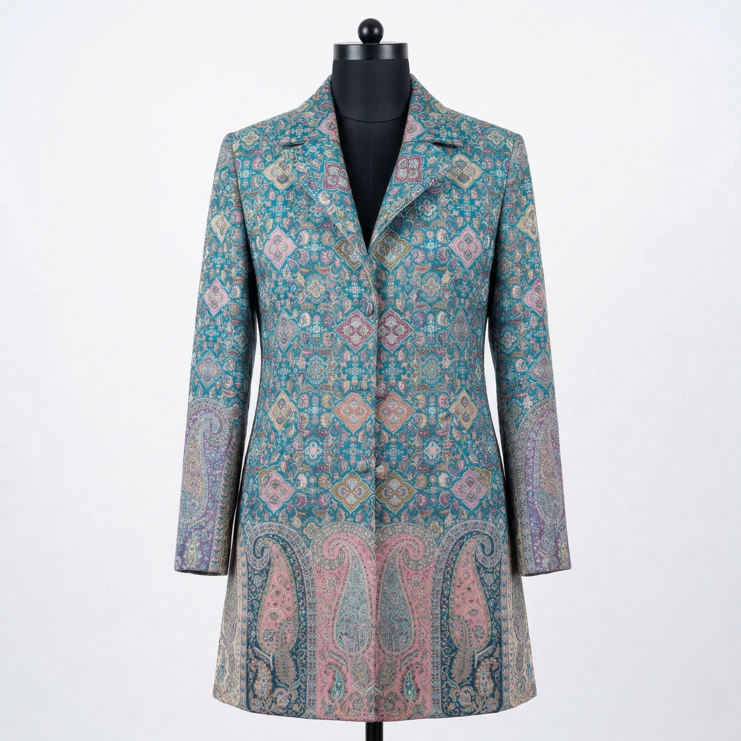 Teal Paisley Brocade Tailored Evening Long Coat