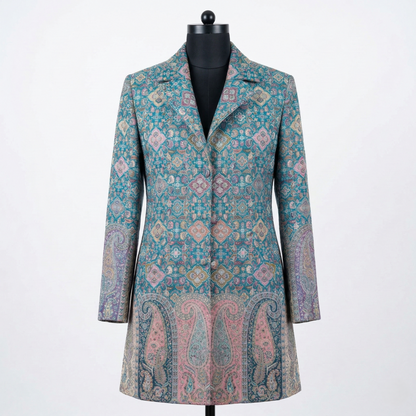 Teal Paisley Brocade Tailored Evening Long Coat