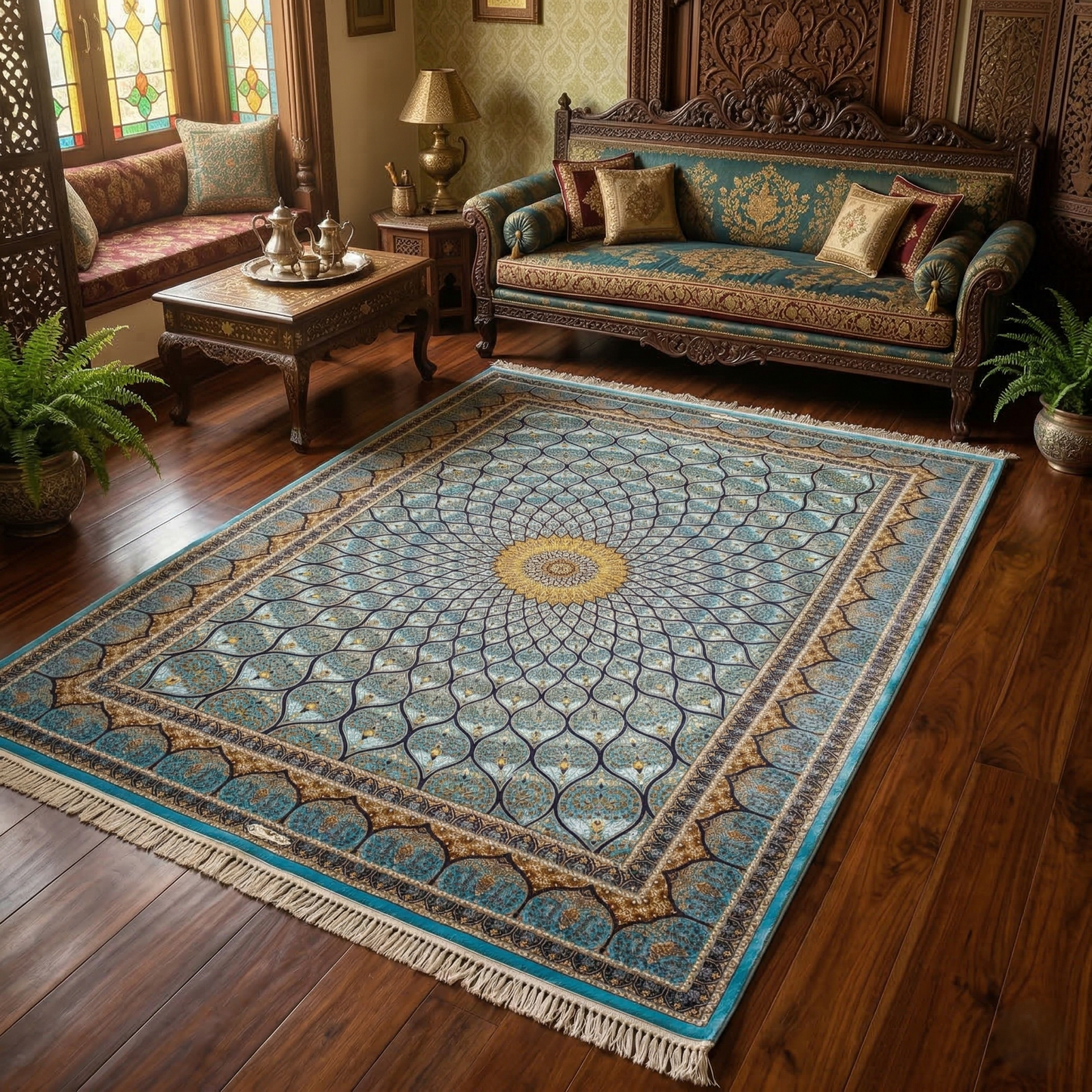 Royal Turquoise Silk Inlay Medallion Rug