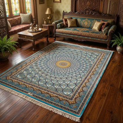Royal Turquoise Silk Inlay Medallion Rug