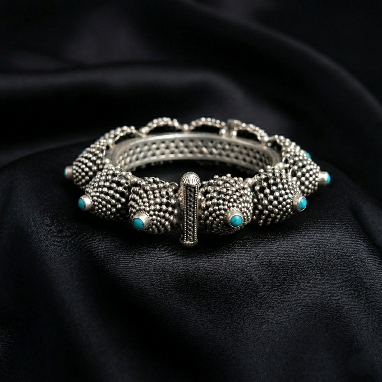 Intricate Turquoise Studded Silver Artisanal Kada