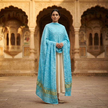 Cerulean Bandhani Silk Blend Artisanal Dupatta