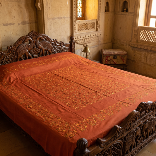 Rust Orange Embroidered Heritage Silk Bedcover