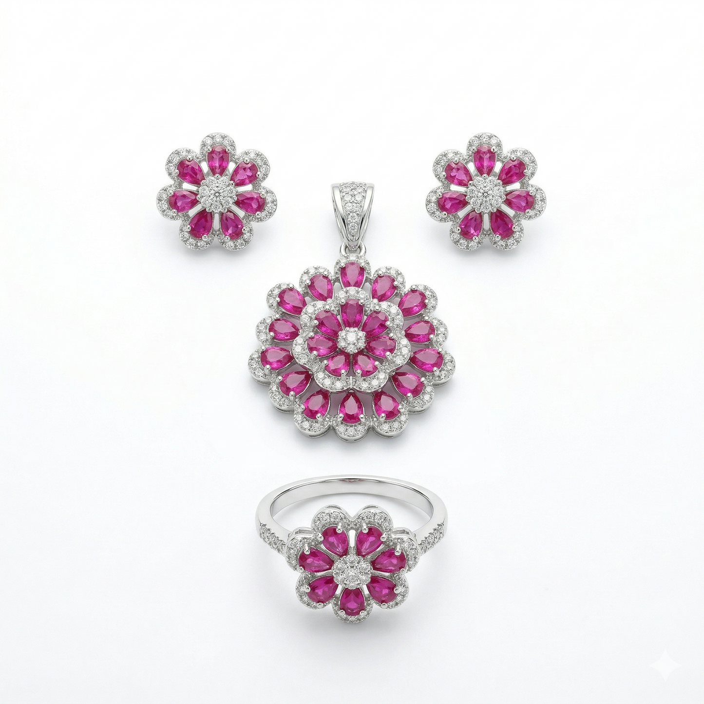 Sparkling Ruby Floral Silver Pendant Set