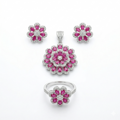 Sparkling Ruby Floral Silver Pendant Set