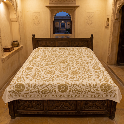 Ivory Floral Hand Embroidered Luxury Bedcover
