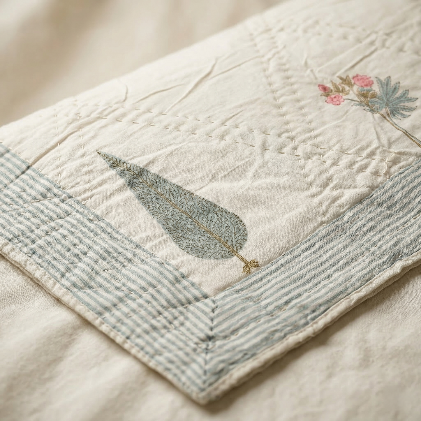 Hand Block Printed Floral Diamond Quilt