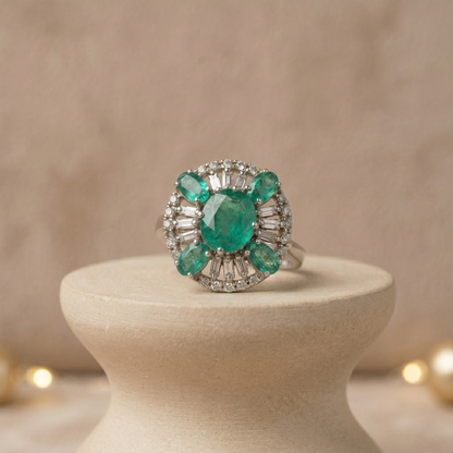 Silver Emerald Cluster Halo Statement Ring