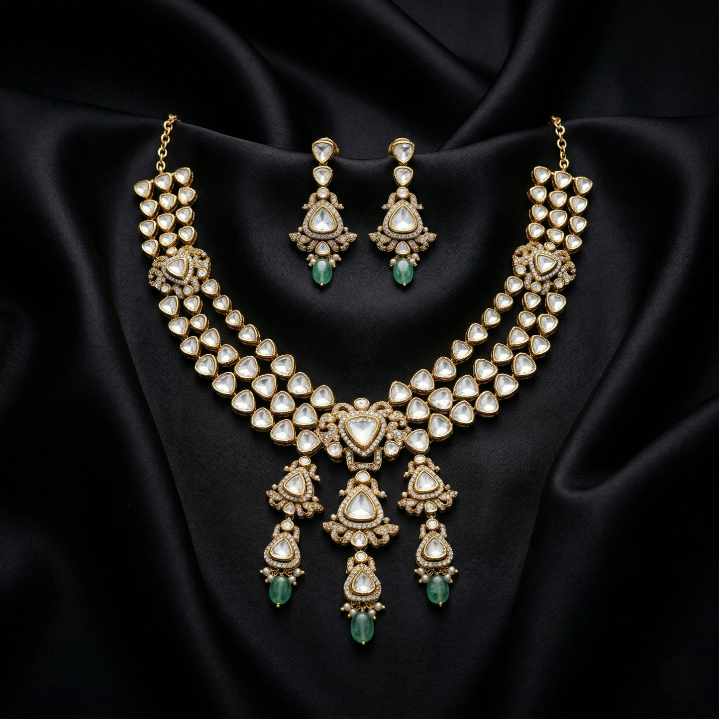 Regal Polki-Style Silver Emerald Necklace Set