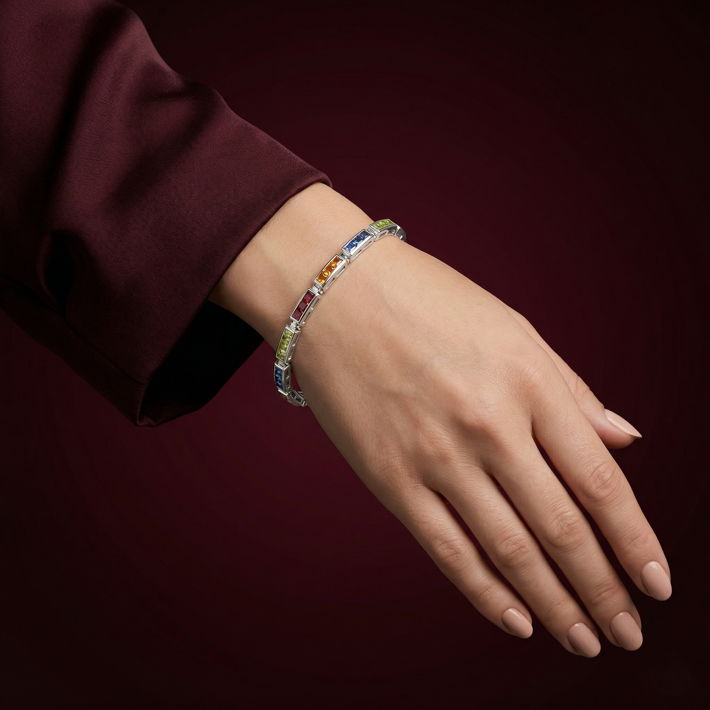 Elegant Silver Gemstone Multi Hue Tennis Bracelet