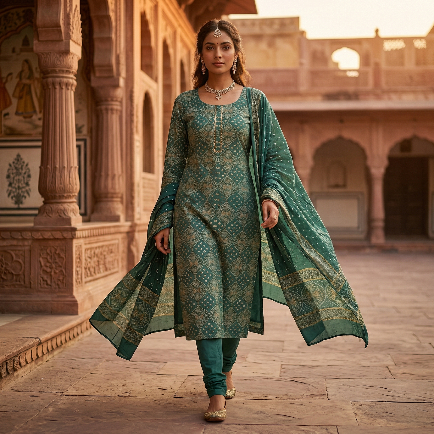 Sea Green Bandhani Print Unstitched Suit Set