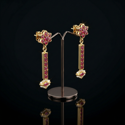 Ruby Studded Floral Gold Plated Silver Drops