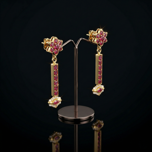 Ruby Studded Floral Gold Plated Silver Drops