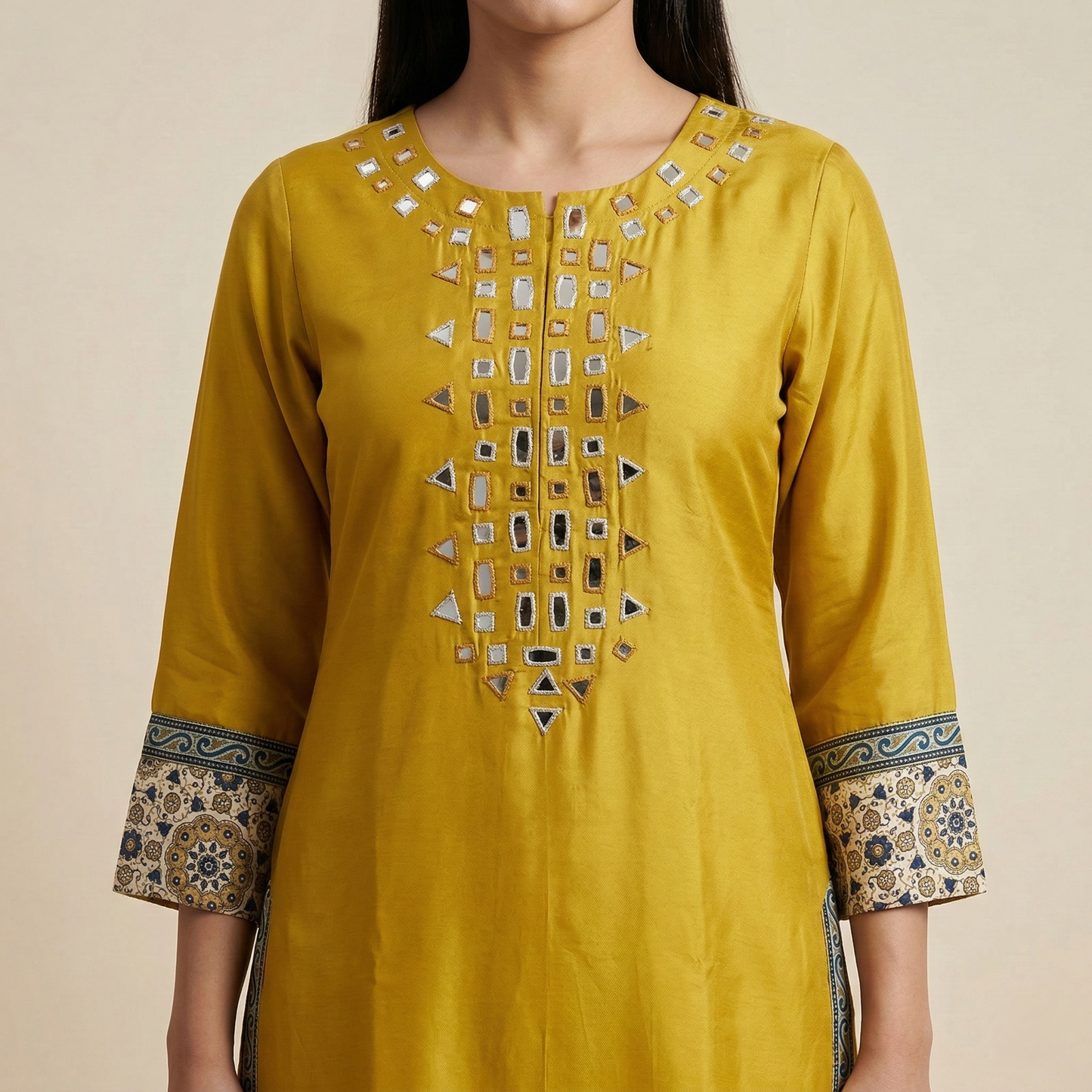 Mustard Mirror Work Kurti