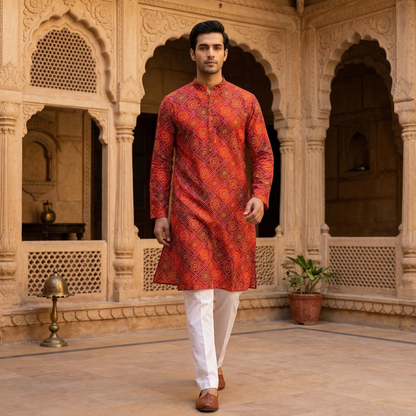 Vibrant Red Bandhani Print Men's Kurta
