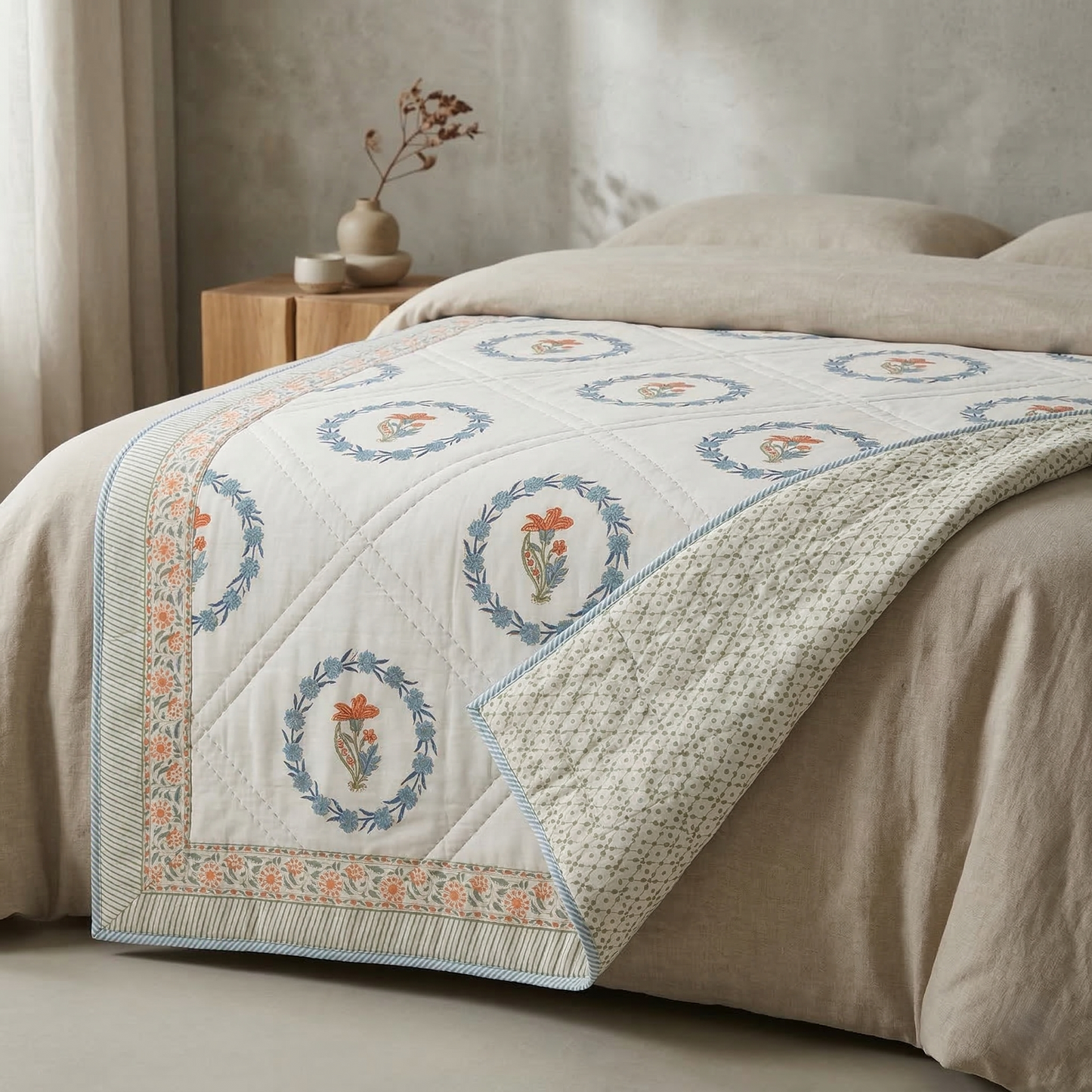 Floral Wreath Diamond White Quilt